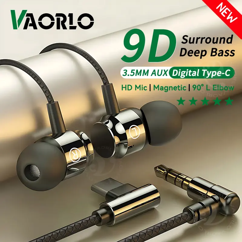 9D HIFI Heavy Bass Game Earphones 3.5MM AUX/Type-C 90° L Elbow Metal Magnetic Music Earbuds With Mic In-Ear Headsets For Android
