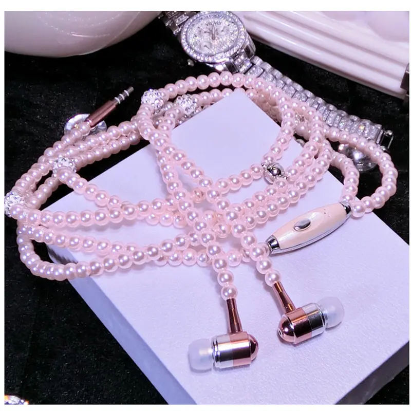 Pearl Necklace Wired Earphones 3.5mm AUX In-Ear Headset With MIC Music For Girls Brithday Gift Pink Rhinestone Jewelry Earbuds