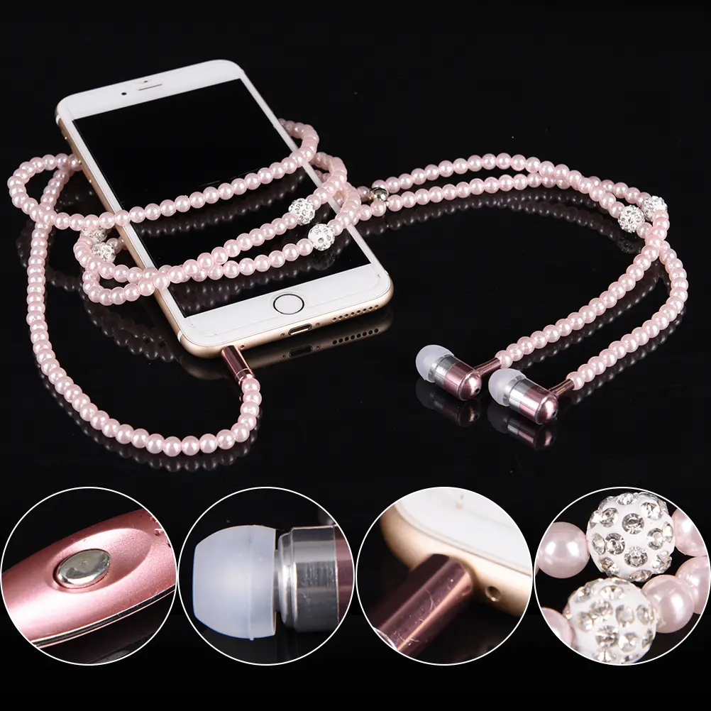 Pearl Necklace Wired Earphones 3.5mm AUX In-Ear Headset With MIC Music For Girls Brithday Gift Pink Rhinestone Jewelry Earbuds