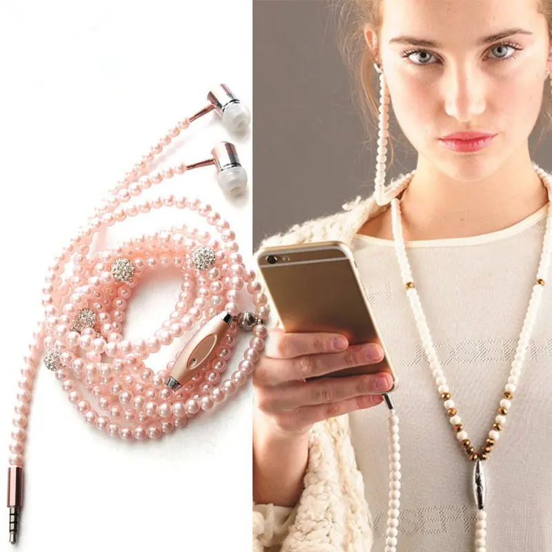 Pearl Necklace Wired Earphones 3.5mm AUX In-Ear Headset With MIC Music For Girls Brithday Gift Pink Rhinestone Jewelry Earbuds