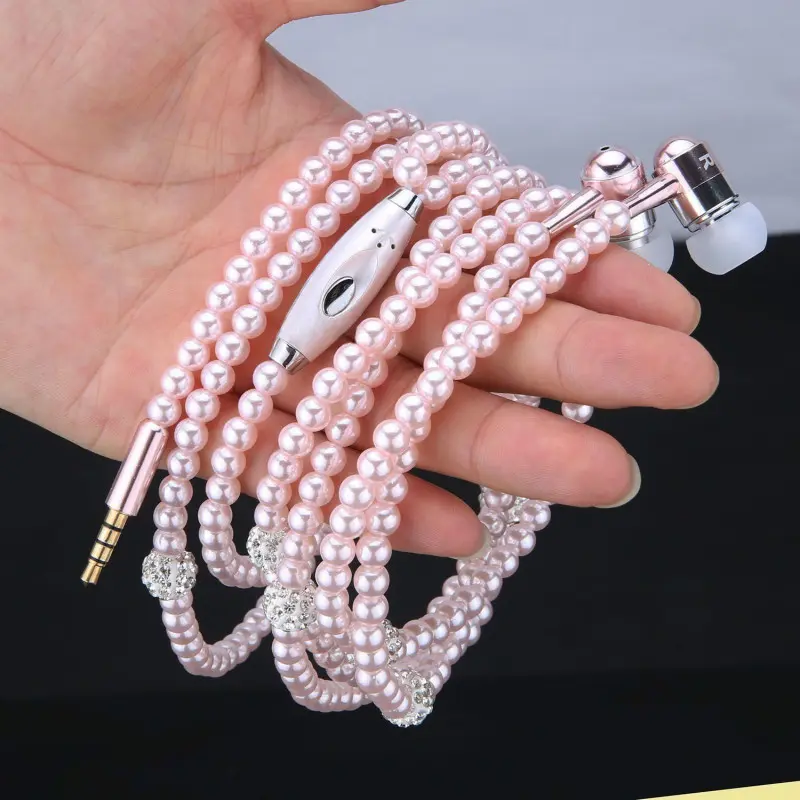 Pearl Necklace Wired Earphones 3.5mm AUX In-Ear Headset With MIC Music For Girls Brithday Gift Pink Rhinestone Jewelry Earbuds