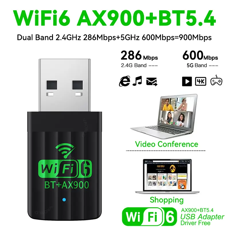 AX900 WiFi6 USB Adapter Bluetooth 5.4 Dual Band 2.4G&5GHz 2 in 1 Dongle Wireless Network Wlan Receiver For Win10/11 Driver Free
