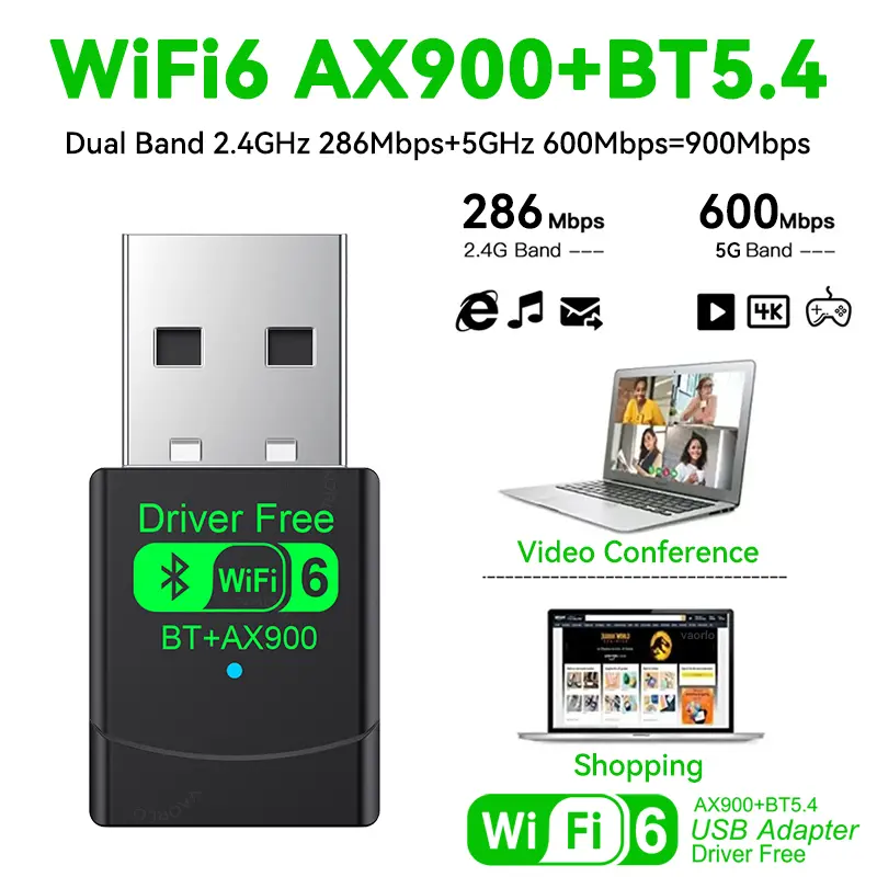 WIFI6 AX900 USB WiFi Bluetooth 5.4 Wireless Adapter Dual Band 2.4G+5GHz 900Mbps Network Card Receiver Dongle For Win10/11