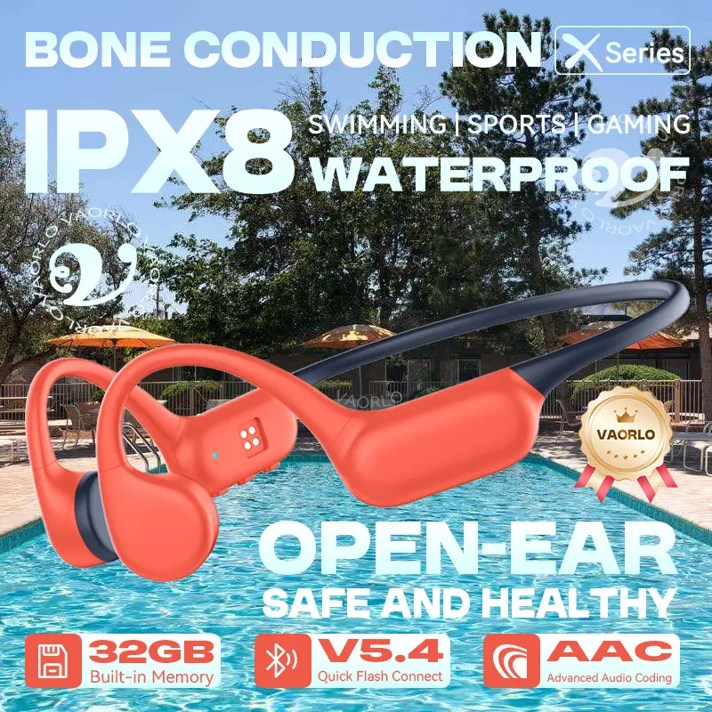 Original VAORLO True Bone Conduction Wireless Headphone IPX8 Waterproof Swimming Sport Hifi Headsets Bluetooth 5.4 32GB MP3 Play