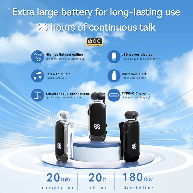 K88 Lavalier Business Bluetooth 5.4 Headphone Talk/Music Time 20 Hours, LED Digital Display,Noice Cancelling Wireless Earphones