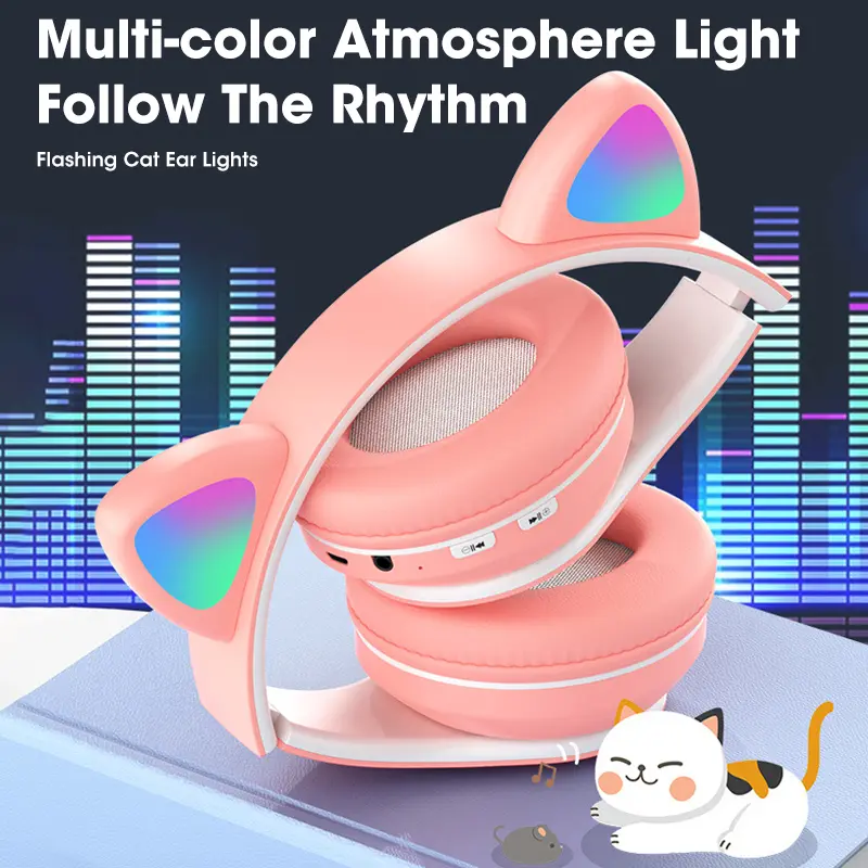 Flash Lamp Cat Ear Bluetooth Headphone With MIC Support 3.5mm AUX/TF Card Play Wireless Headset Kids Girl Earphone Birthday Gift