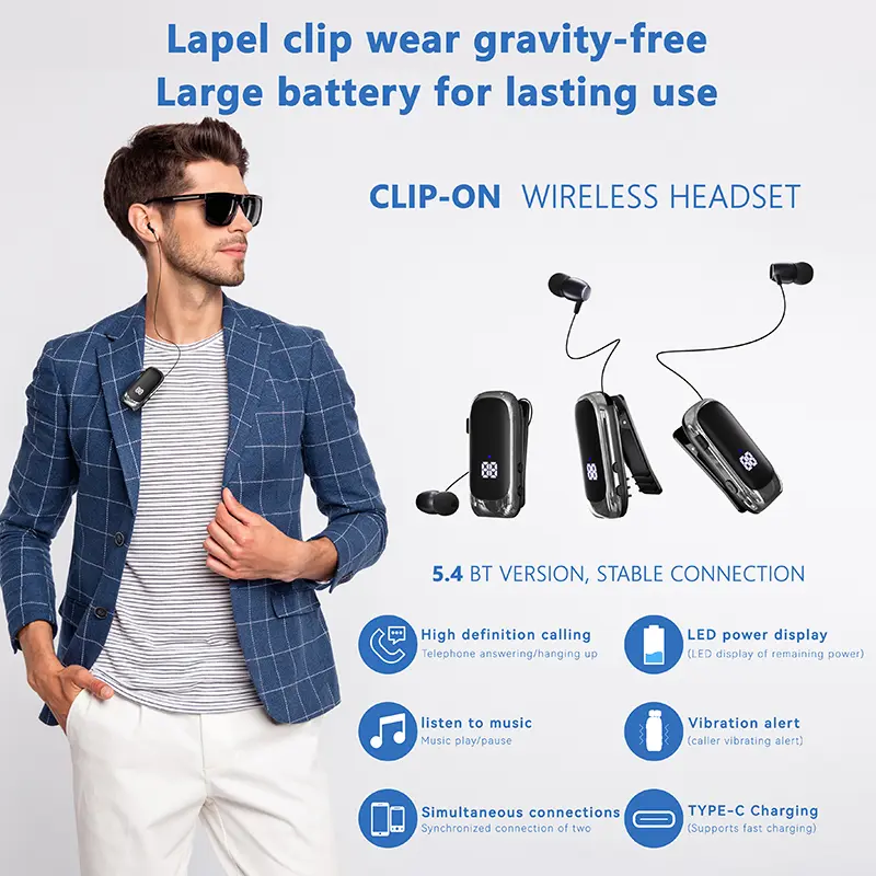 K88 Lavalier Business Bluetooth 5.4 Headphone Talk/Music Time 20 Hours,LED Digital Display,Noice Cancelling Wireless Earphones
