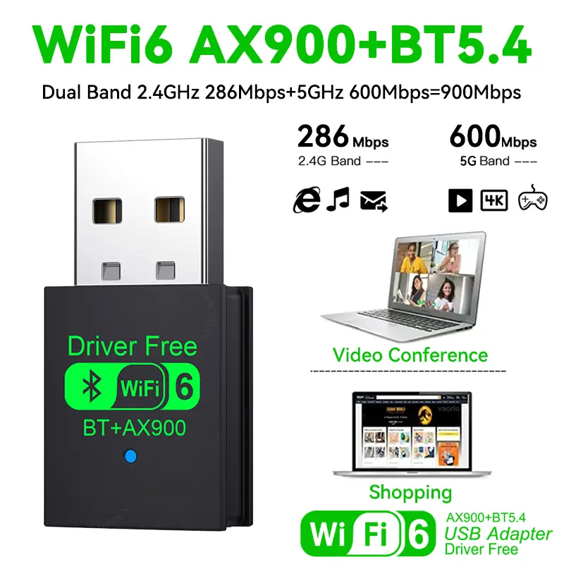 2 IN 1 WIFI6 AX900 USB WiFi Bluetooth 5.4 Wireless Adapter Dual Band 2.4G+5GHz 900Mbps Network Card Receiver Dongle For Win10/11