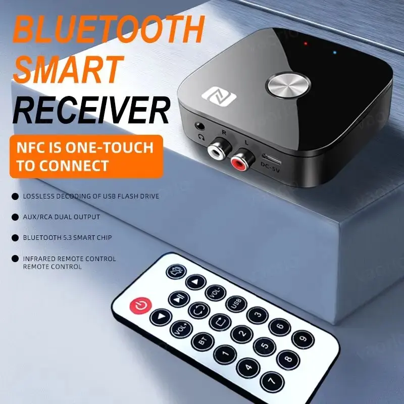 NFC Bluetooth 5.3 Audio Receiver 3.5mm AUX R/L RCA Stereo HIFI Music Wireless Adapter With Mic USB U-Disk Play Remote Control
