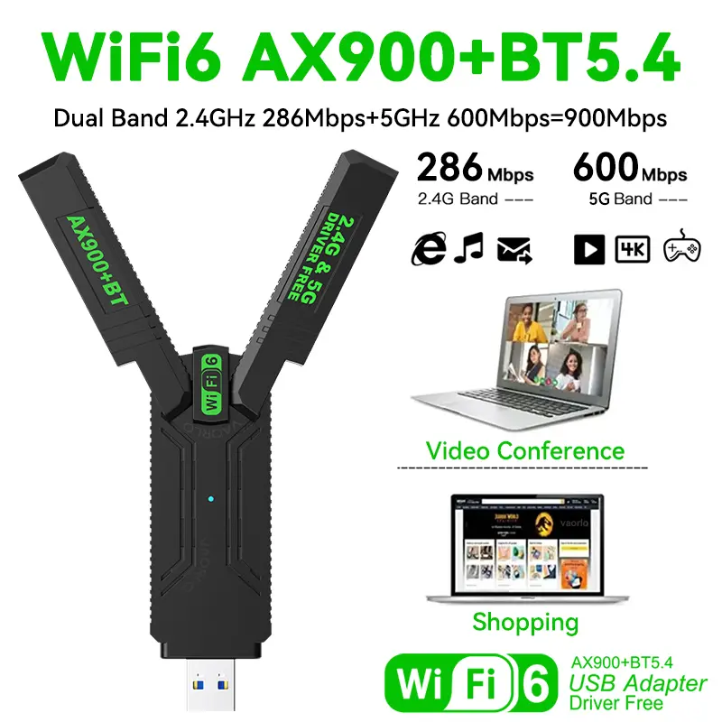 AX900 WIFI6 USB Adapter 2IN1 Bluetooth 5.4 900Mbps WiFi 6 Dual Band 2.4G&5G 802.11AX USB3.0 Wireless Card Receiver For WIN10/11