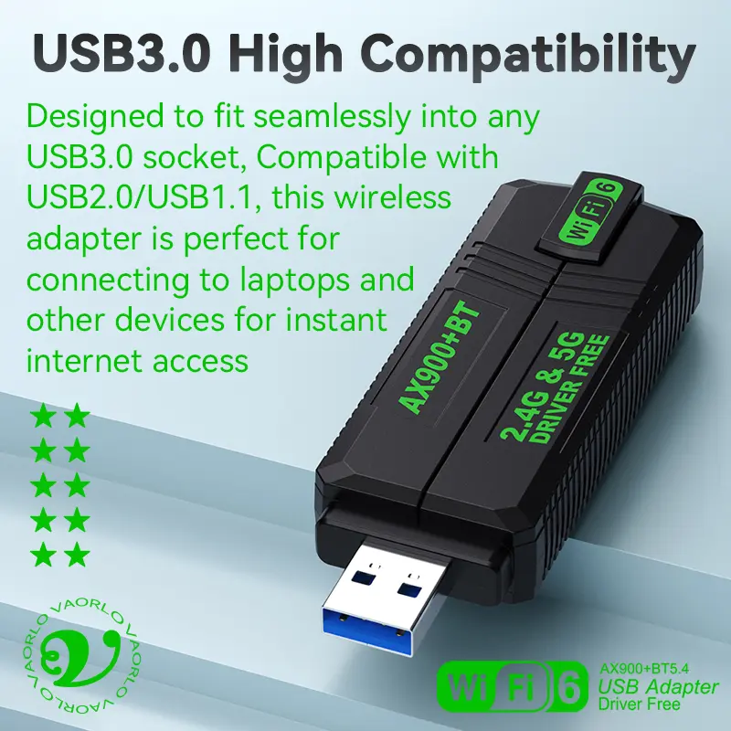 AX900 WIFI6 USB Adapter 2IN1 Bluetooth 5.4 900Mbps WiFi 6 Dual Band 2.4G&5G 802.11AX USB3.0 Wireless Card Receiver For WIN10/11
