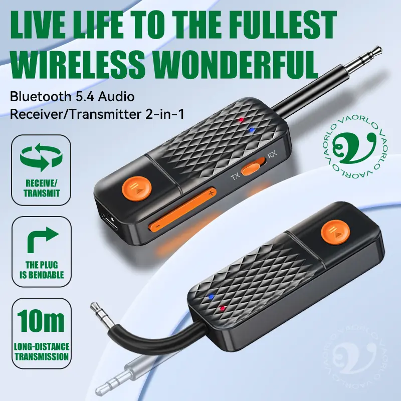 AUX Bluetooth 5.4 Wireless Audio Adapter 2 IN 1 Receiver Transmitter HiFi Stereo Music 3.5MM Mic For Car Airplane TV PC Speaker