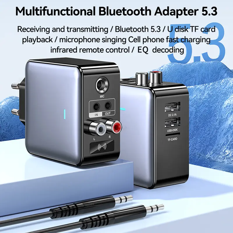 Bluetooth 5.3 Audio Transmitter Receiver 3.5MM AUX/RCA/U-Disk/TF/USB 5V 2.1A/6.5 MIC Karaoke HIFI EQ EU/US Plug Wireless Adapter