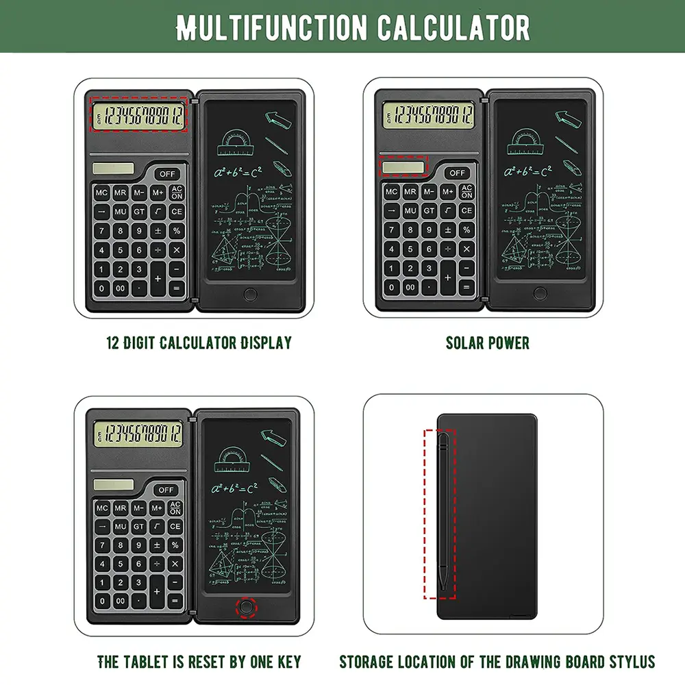 2-In-1 Solar Powered Calculator & 6 Inch Writing Tablet Foldable 12 Digit LCD Display For Office Student Teachers Accountant