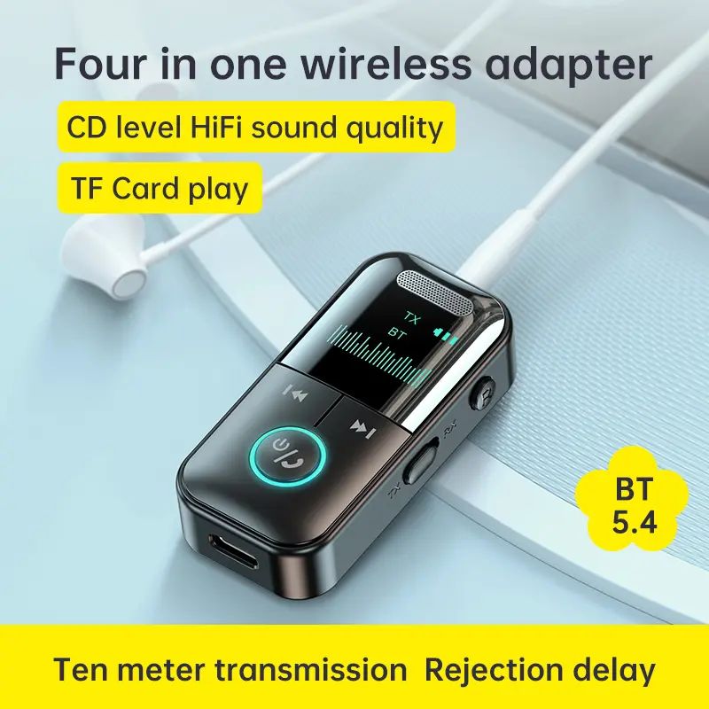 VAORLO 4 in 1 Bluetooth 5.4 Audio Transmitter Receiver 3.5MM AUX RCA TF Card Play Stereo LED Display Wireless Adapter With Mic