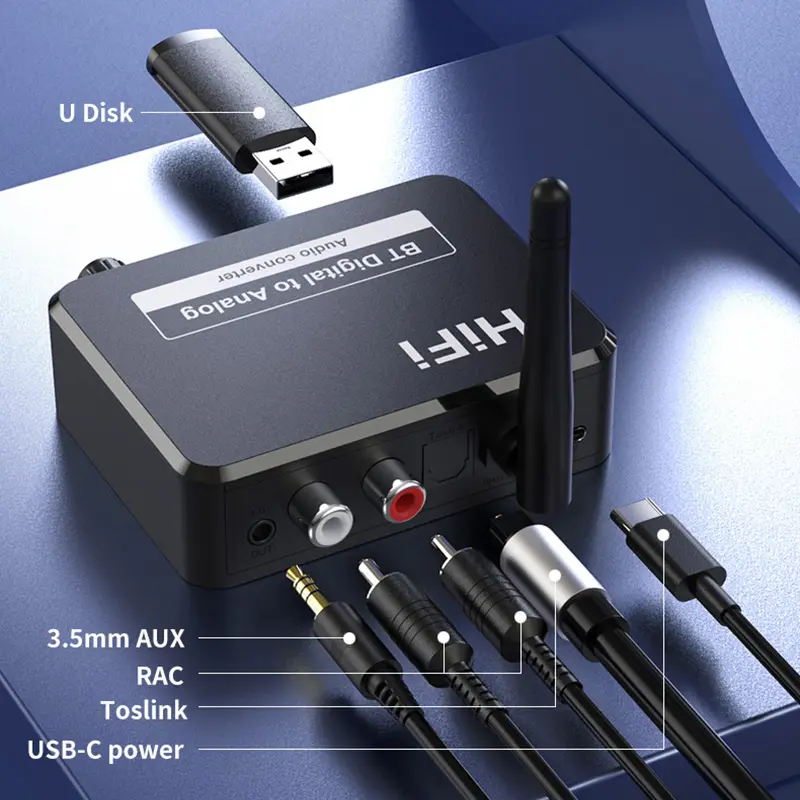 DAC Bluetooth 5.1 Audio Receiver Digital to Analog Converter 3.5mm AUX RCA L/R U-Disk Optical Stereo Hifi 2 in1 Wireless Adadper