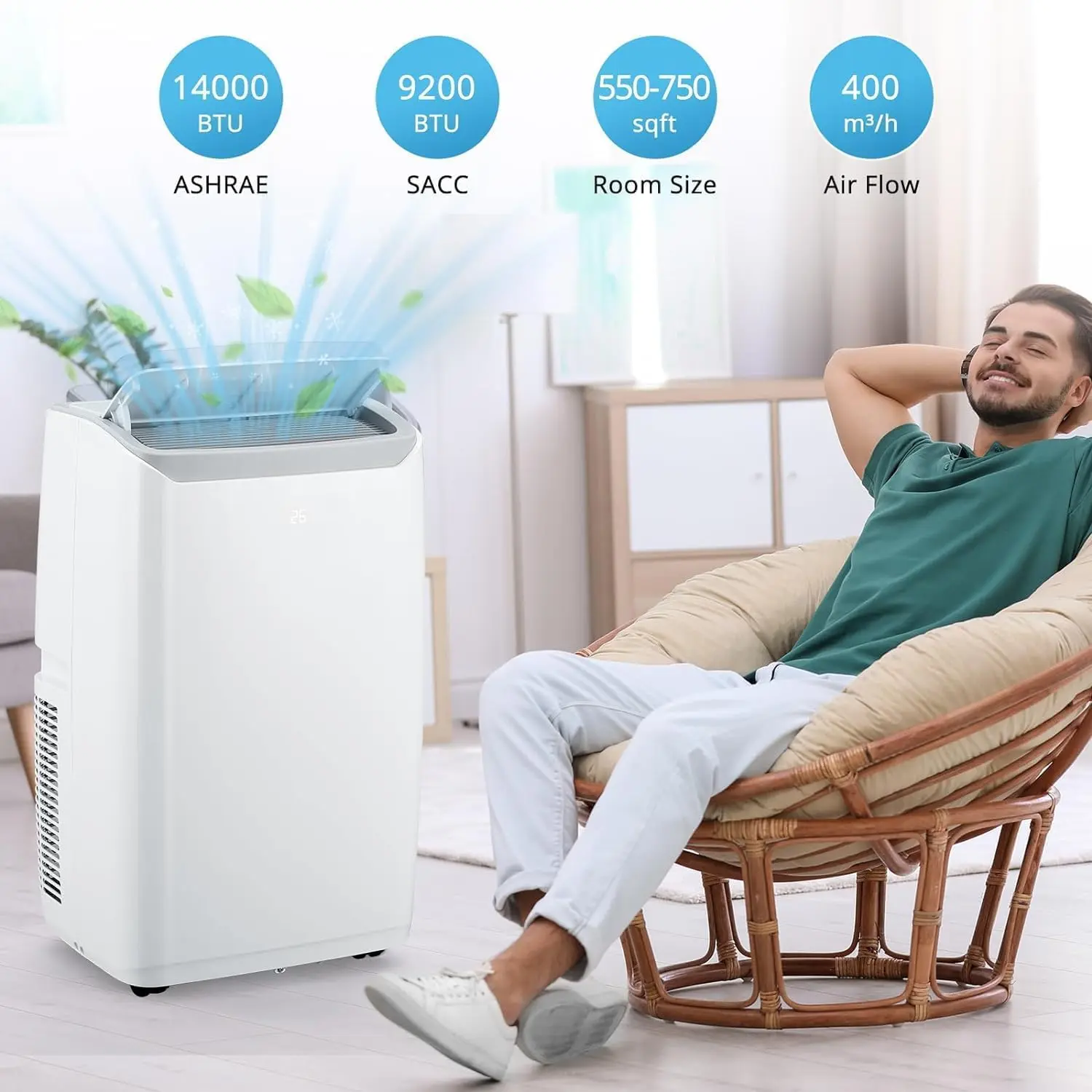 12000 BTU Room Portable Air Conditioner Powerful & Efficient Cooling with LED Touch Panel & Remote, R32 Eco-Friendly Refrigerant