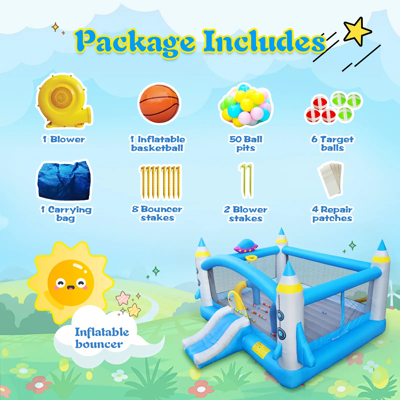 Kids Inflatable Bounce House With Long Slide Bouncing Area Basketball Hoop Heavy Duty Oxford Fabric Family Backyard Bouncy Castl
