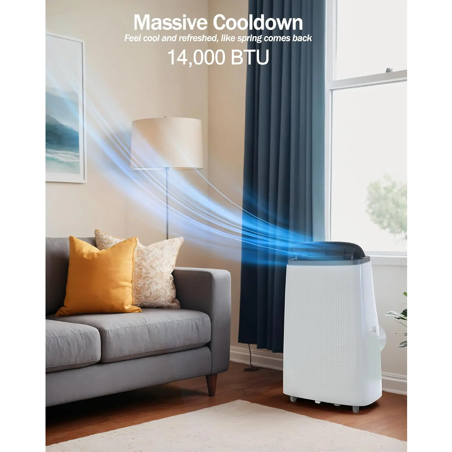 14000 BTU Portable Air Conditioner with Dehumidifier Fan & Remote 3-In-1 Portable A/C Unit for Rooms Up to 750 Sq. Ft. 24H Timer