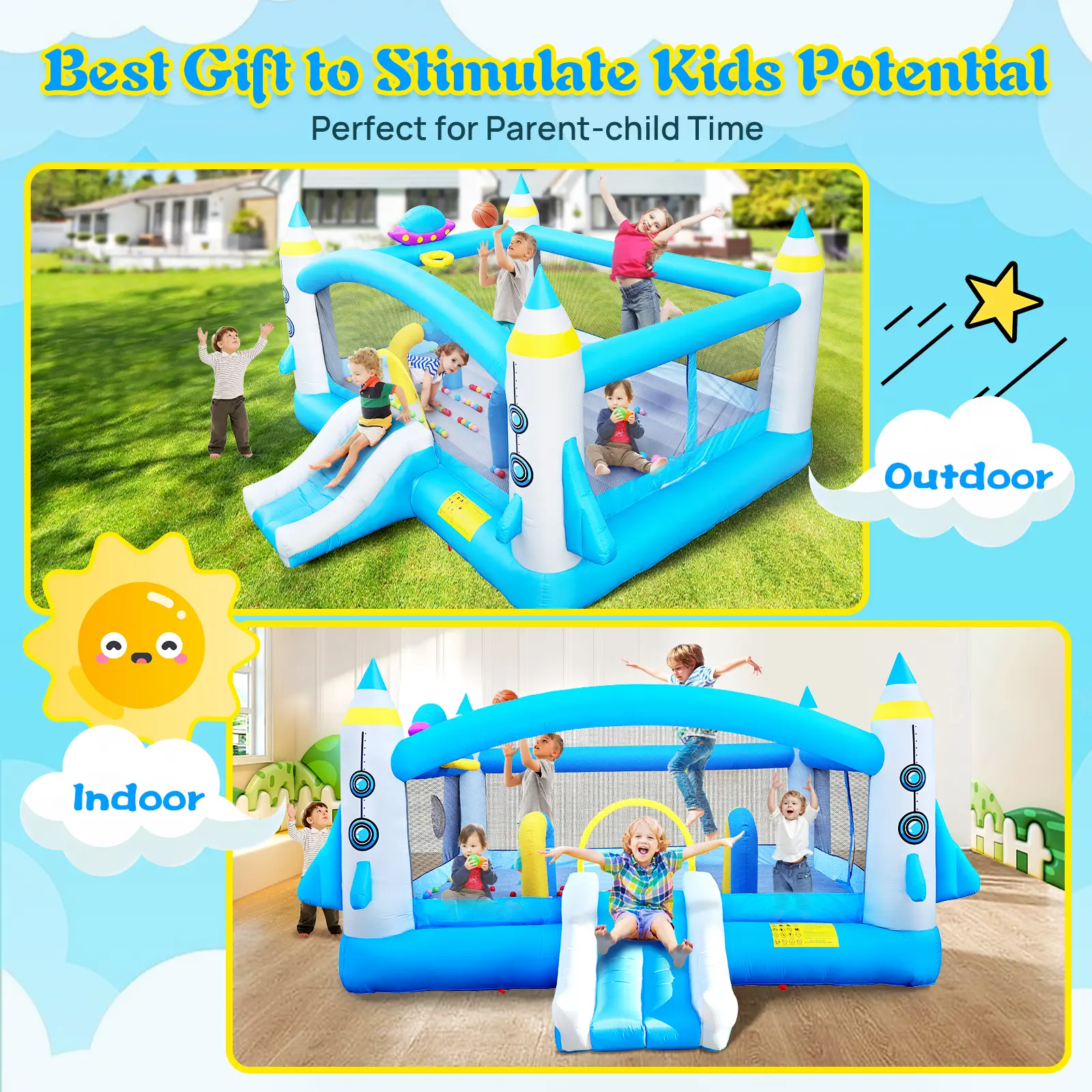Kids Inflatable Bounce House With Long Slide Bouncing Area Basketball Hoop Heavy Duty Oxford Fabric Family Backyard Bouncy Castl