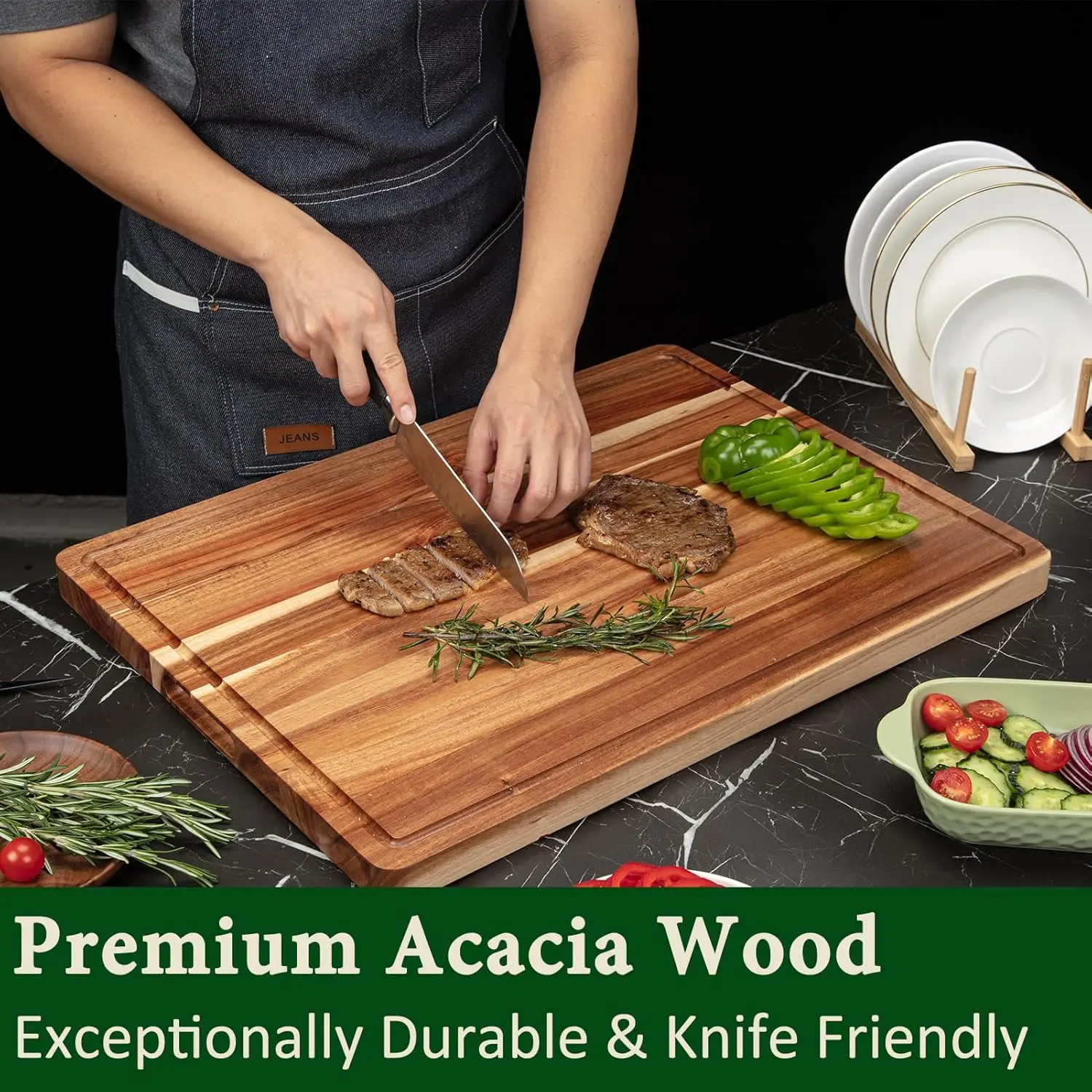 Extra Large Acacia Wood Cutting Board Thick Butcher Block Chopping Board with Side Handles for Meat Vegetables Fruit