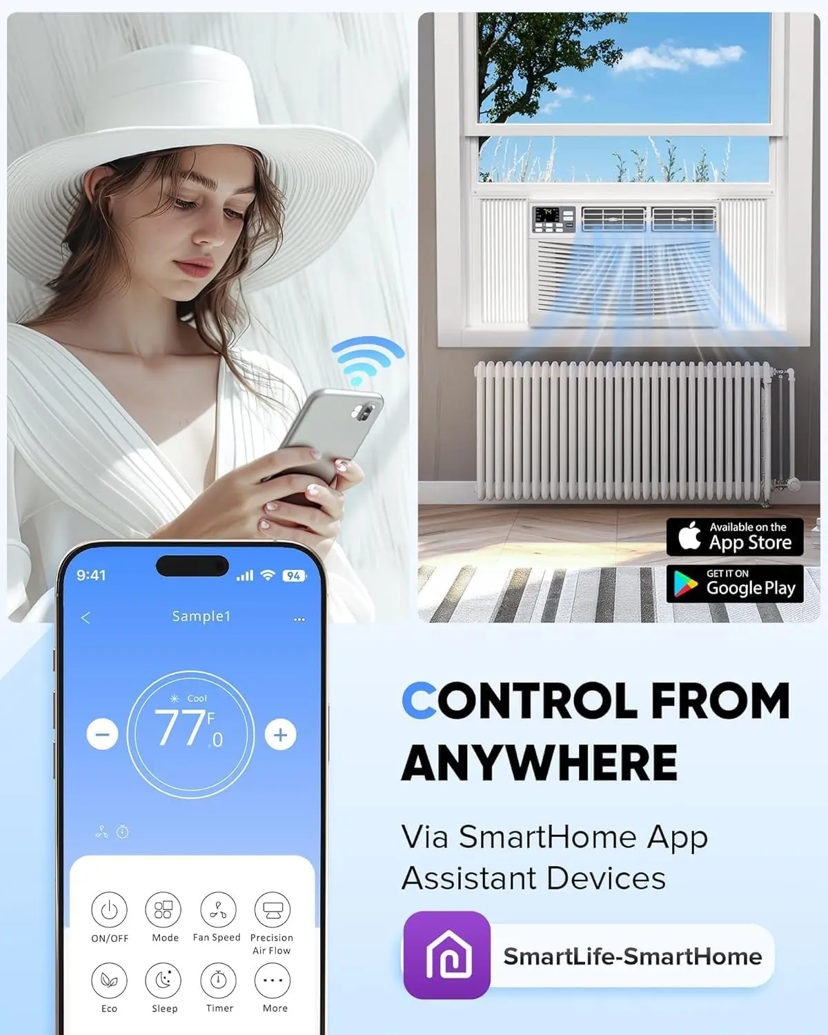 8000 BTU 3-in-1 AC Unit Window Air Conditioner with WiFi Ultra Quiet Remote Energy Efficient Cooling for Rooms up to 350 Sq. Ft.