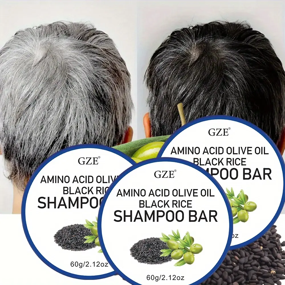 3 Pack GZE Amino Acid & Olive Oil & Black Rice Shampoo Bar for Grey Hair, Sulfate-Free Formula Strong Hair