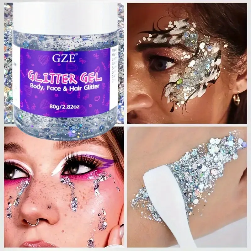 GZE Long-Lasting Body Glitter Gel, Plant-Based Ingredients, Multi-Use For Face, Hair, Eyes, Music Festivals, Parties, And More