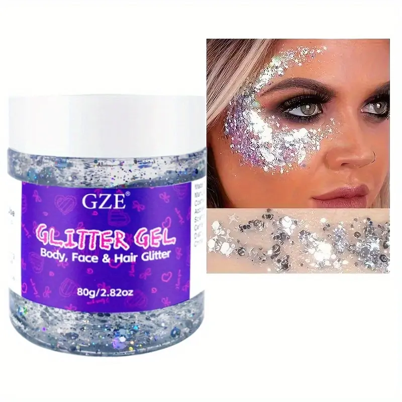 GZE Long-Lasting Body Glitter Gel, Plant-Based Ingredients, Multi-Use For Face, Hair, Eyes, Music Festivals, Parties, And More