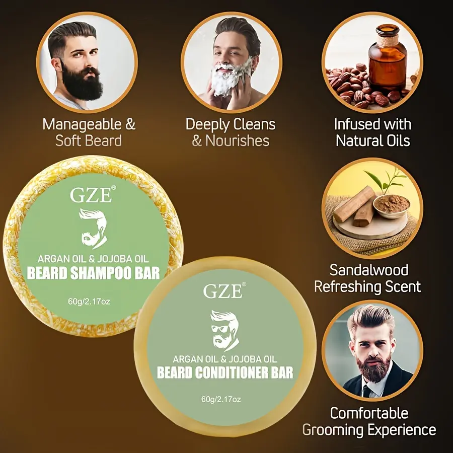 GZE Beard Wash & Conditioner Soap Set Argan & Jojoba Oils – Softens, Smooths & Strengthens Beard Growth