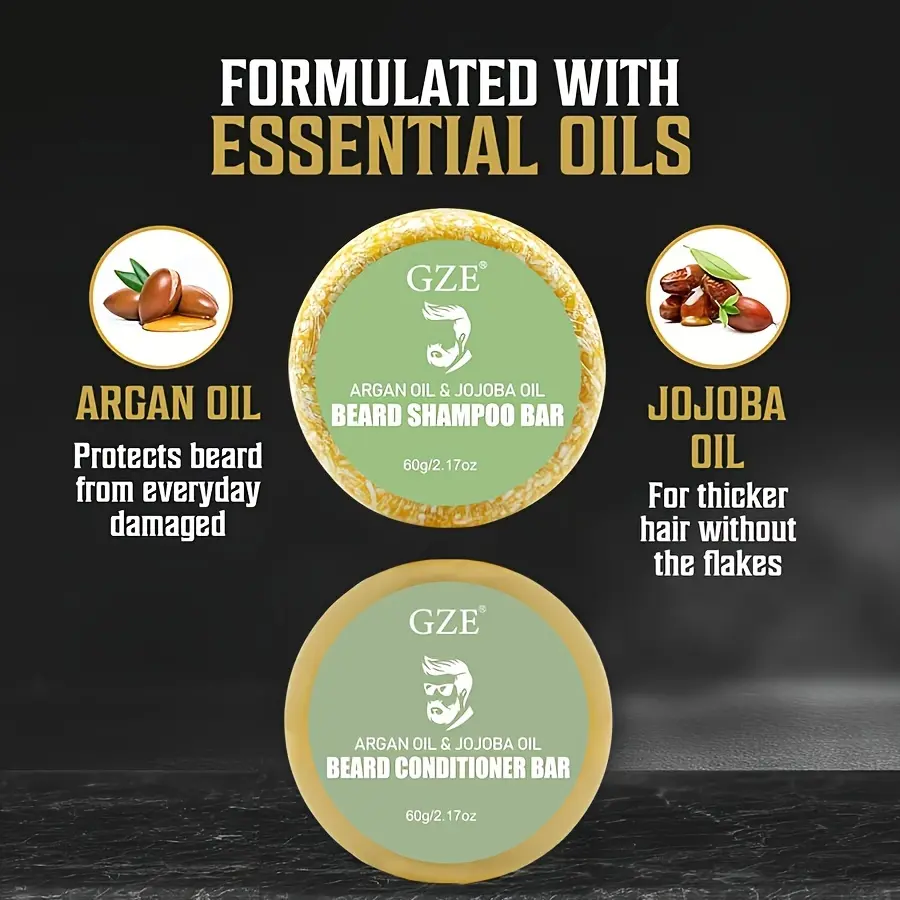 GZE Beard Wash & Conditioner Soap Set Argan & Jojoba Oils – Softens, Smooths & Strengthens Beard Growth