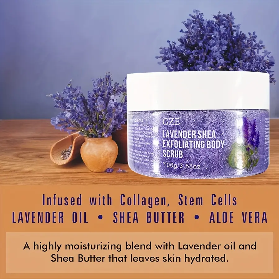 GZE Lavender Oil Body Scrub Exfoliator with Shea Butter, Collagen, Almond Oil - Exfoliating Salt Scrub for Body and Foot