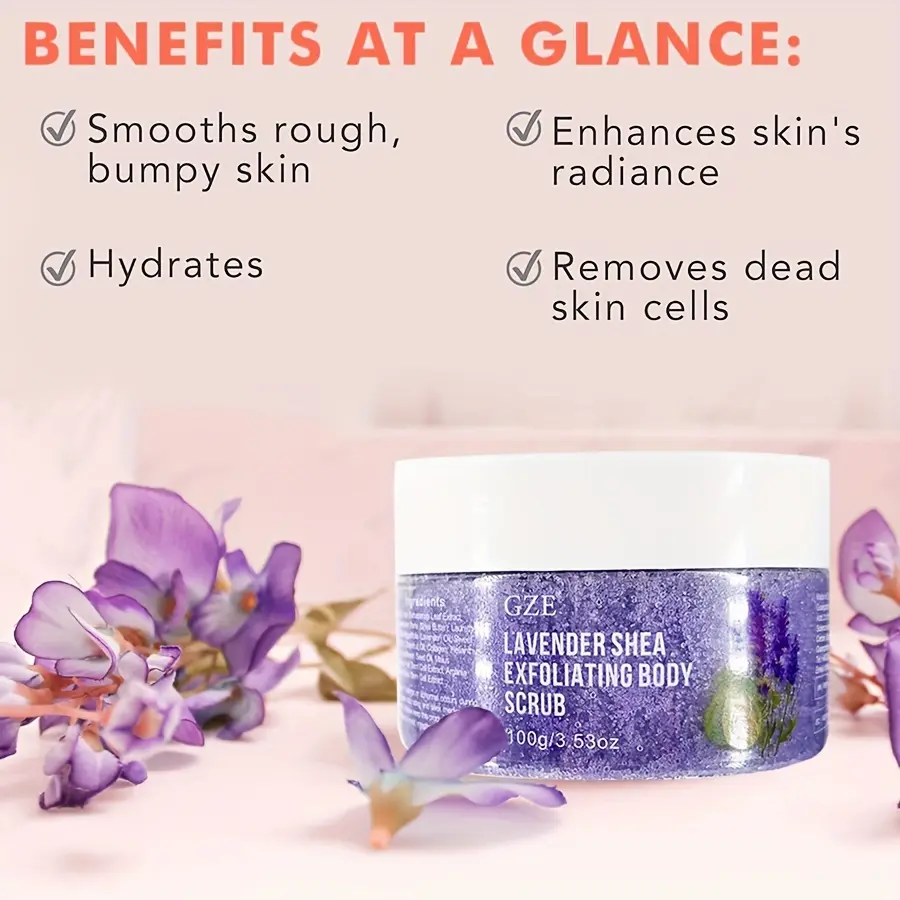 GZE Lavender Oil Body Scrub Exfoliator with Shea Butter, Collagen, Almond Oil - Exfoliating Salt Scrub for Body and Foot