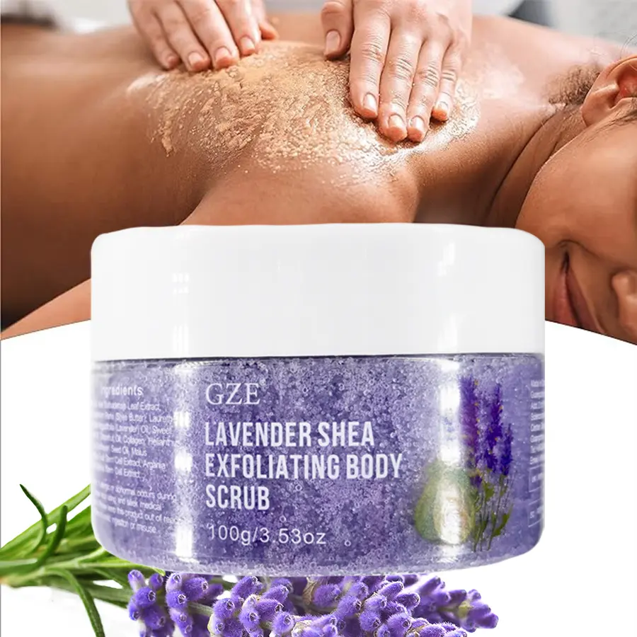GZE Lavender Oil Body Scrub Exfoliator with Shea Butter, Collagen, Almond Oil - Exfoliating Salt Scrub for Body and Foot