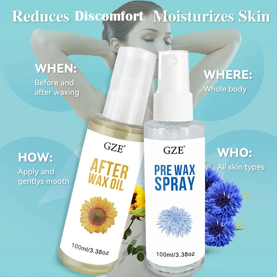 GZE PRE & AFTER WAX SET Clean & Hydrate At Home Waxing Kit Oils – Pre Wax Cleanser Preps & Protects Skin