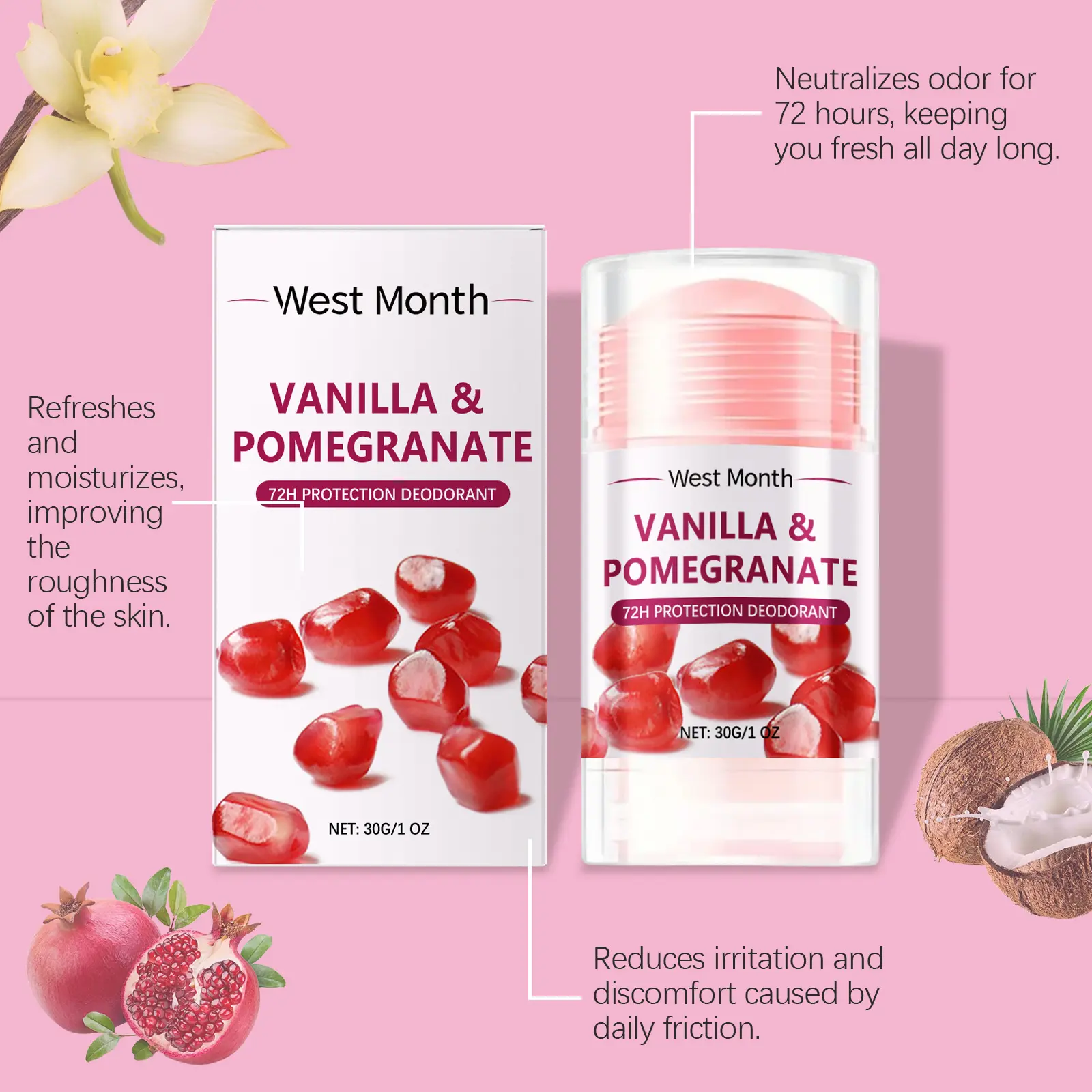 Pomegranate Deodorant Stick Neutralize Odor Stop Sweating Remove Smell Long Lasting Aroma Refreshing Smooth Body Fragrance Stick