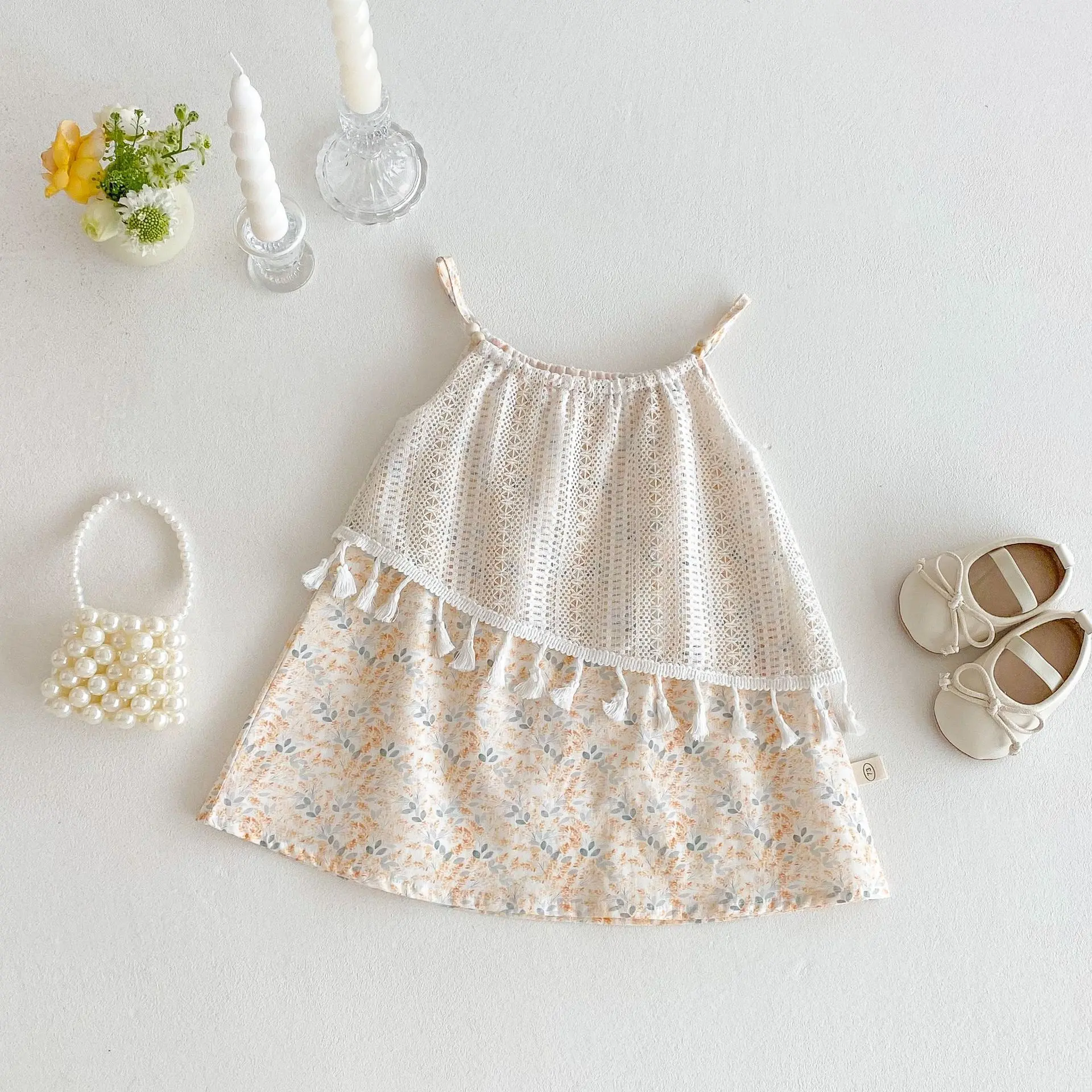 Girls' Korean Version Camisole Dress 2025 New Summer Baby Stylish Lace Princess Dress Trendy Children's Floral Dress