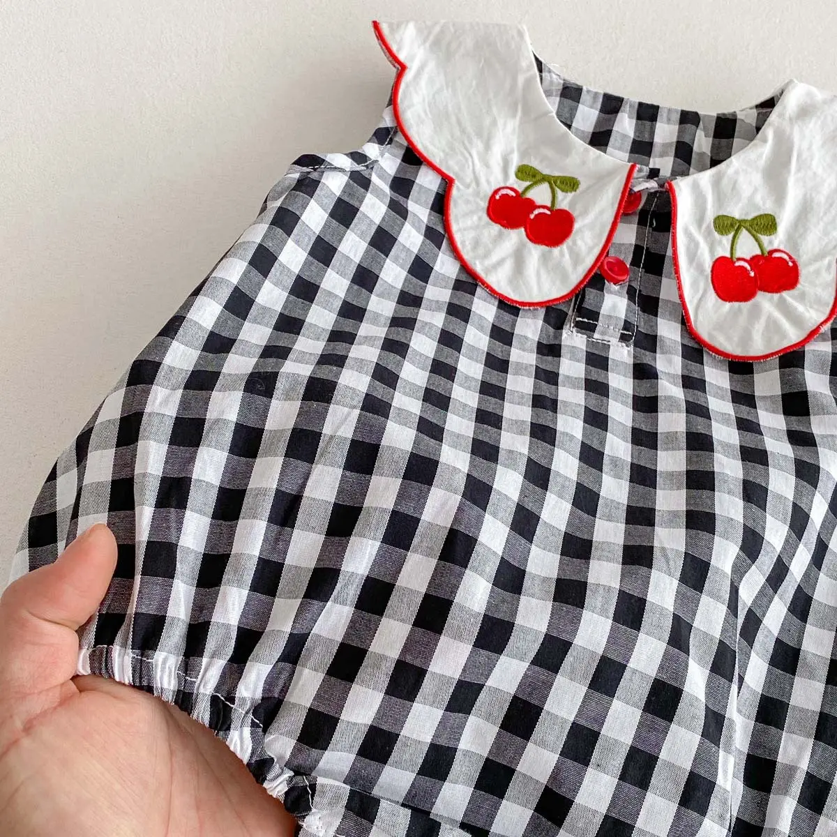 New Summer Outfit for Baby Girls, Checkered Vest Bag, Cute Cherry Embroidered Baby Collar, Baby Jumpsuit, Thin