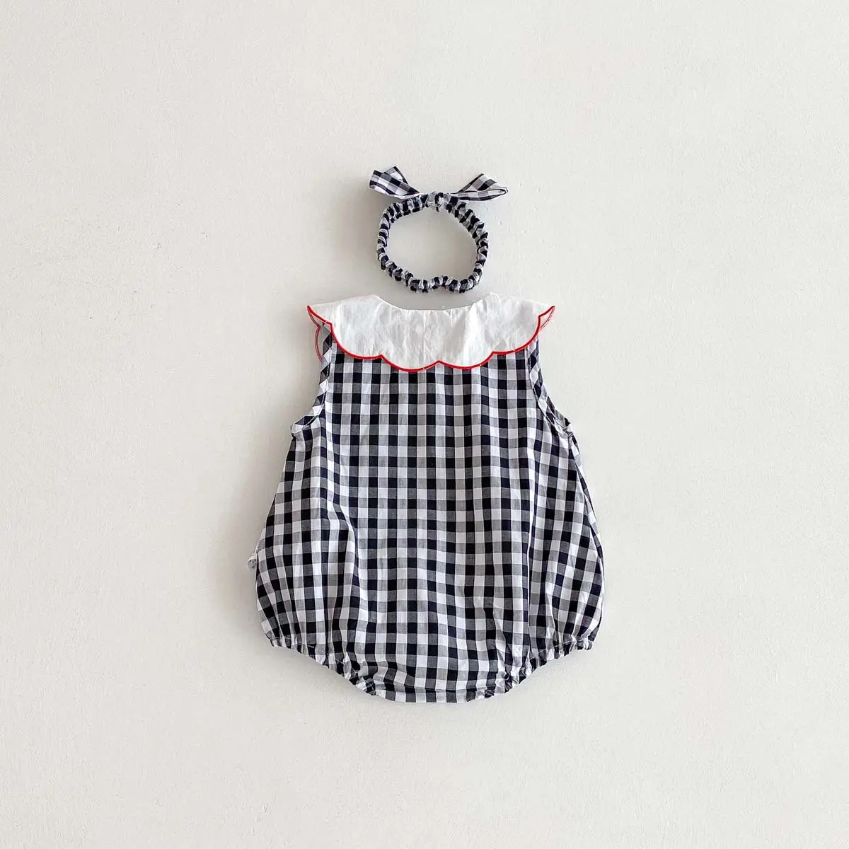 New Summer Outfit for Baby Girls, Checkered Vest Bag, Cute Cherry Embroidered Baby Collar, Baby Jumpsuit, Thin