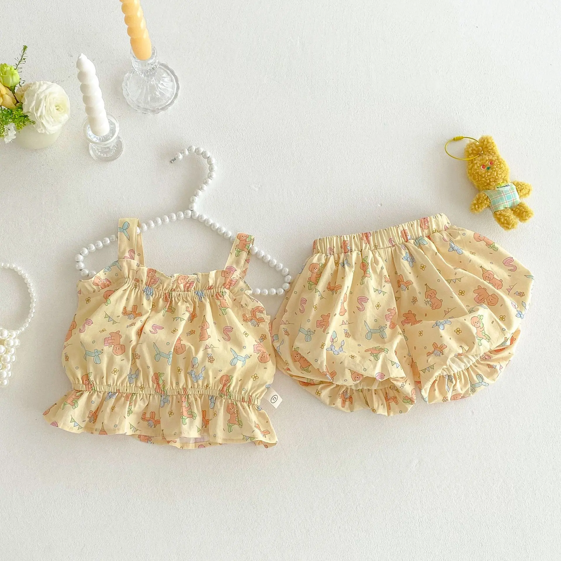 Girls' Strap Set 2025 New Summer Baby Full Version Cartoon Korean Version Tank Top Flower Bud Shorts Two Piece Set Trendy