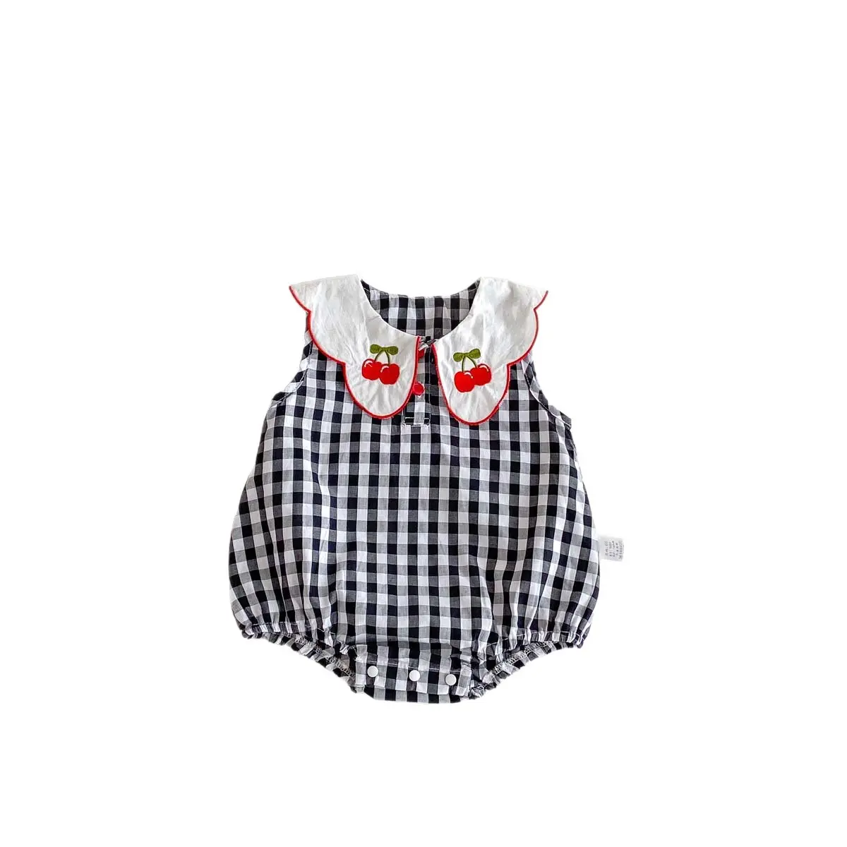 New Summer Outfit for Baby Girls, Checkered Vest Bag, Cute Cherry Embroidered Baby Collar, Baby Jumpsuit, Thin