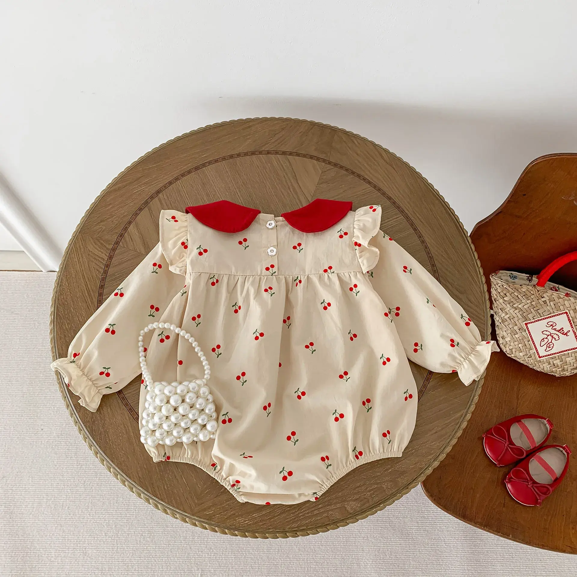 2025 Spring New in Infant Toddler Cute Clothing Kids Baby Full Sleeve Peter Pan Collar Cherry Outfits Newborn Bodysuits 0-24M