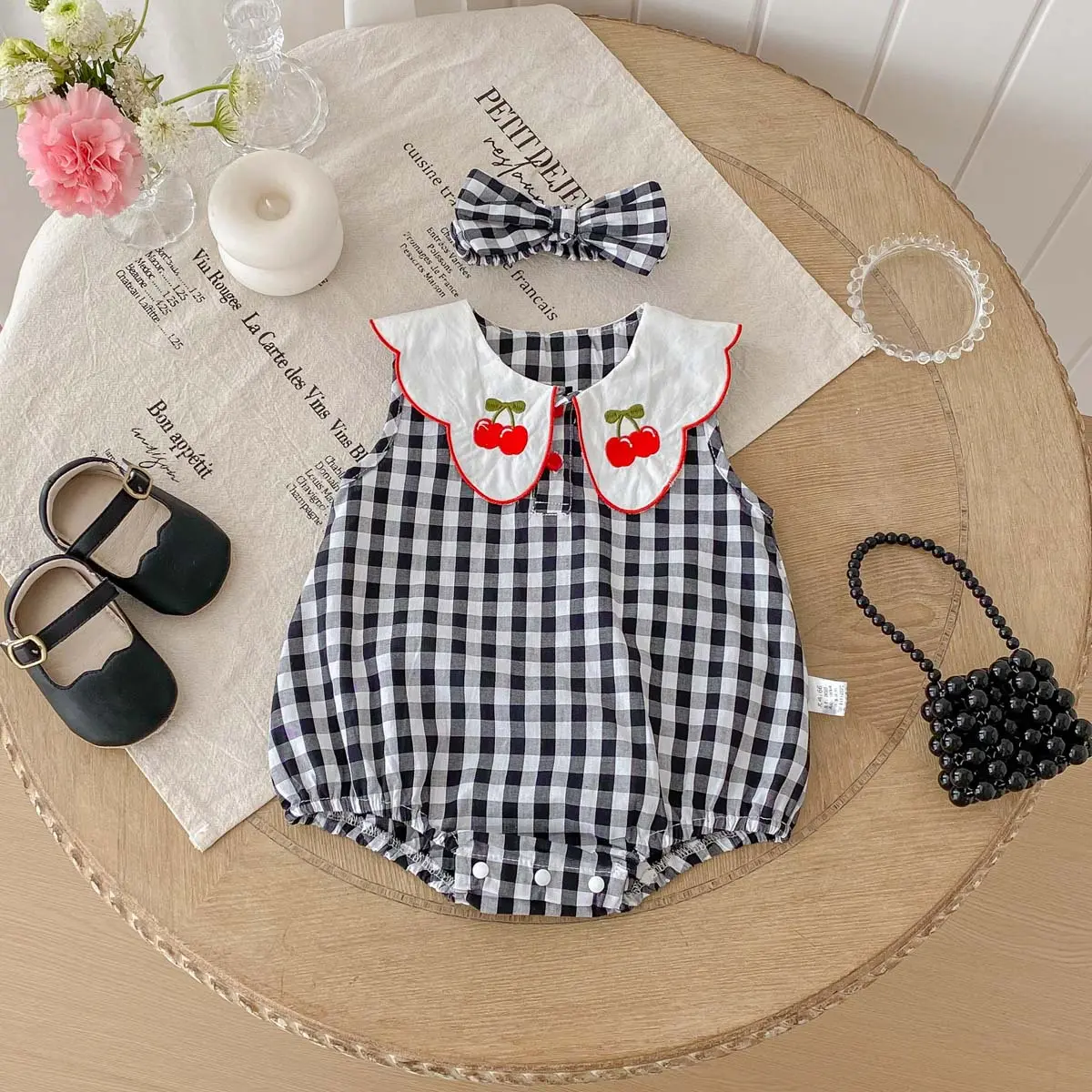 New Summer Outfit for Baby Girls, Checkered Vest Bag, Cute Cherry Embroidered Baby Collar, Baby Jumpsuit, Thin