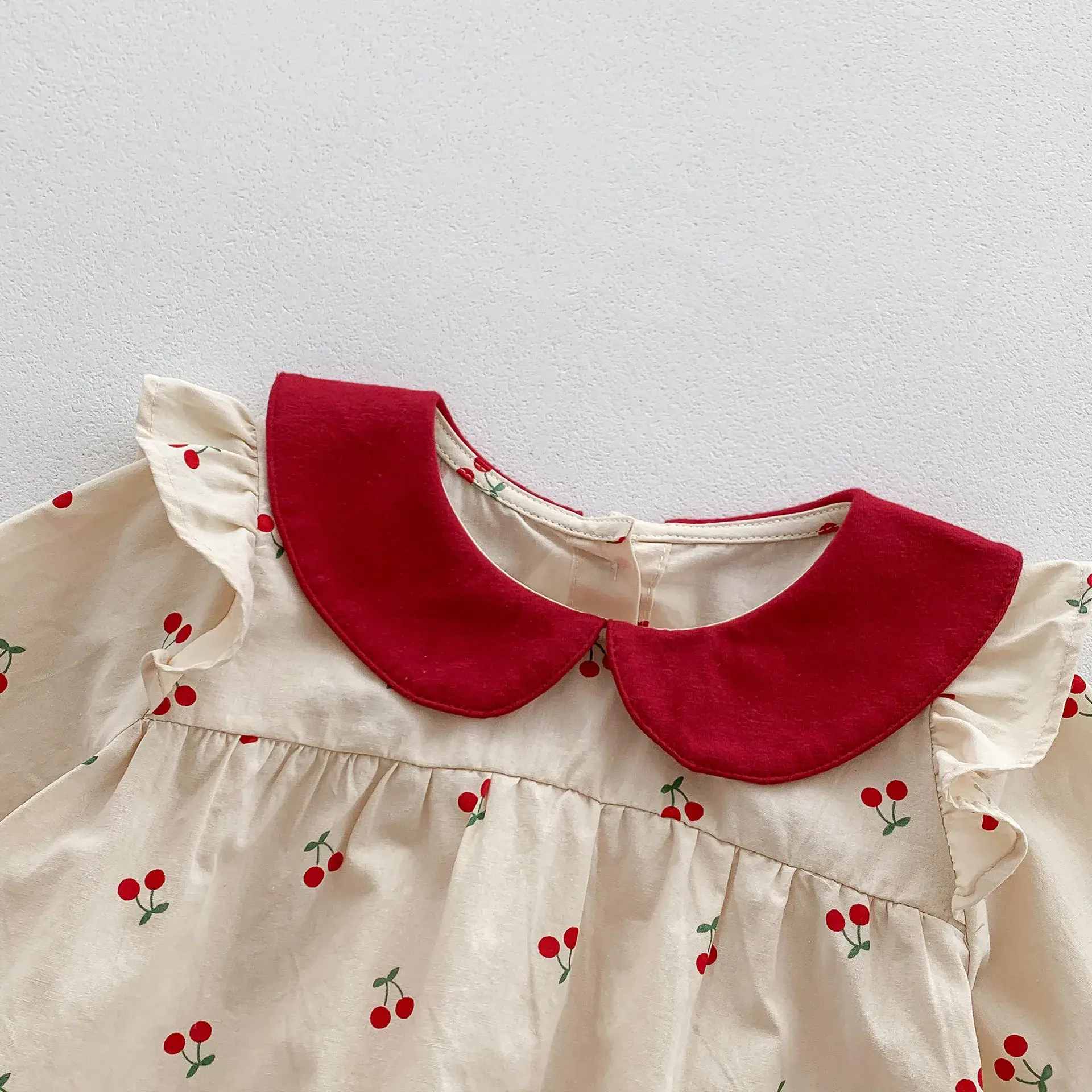 2025 Spring New in Infant Toddler Cute Clothing Kids Baby Full Sleeve Peter Pan Collar Cherry Outfits Newborn Bodysuits 0-24M