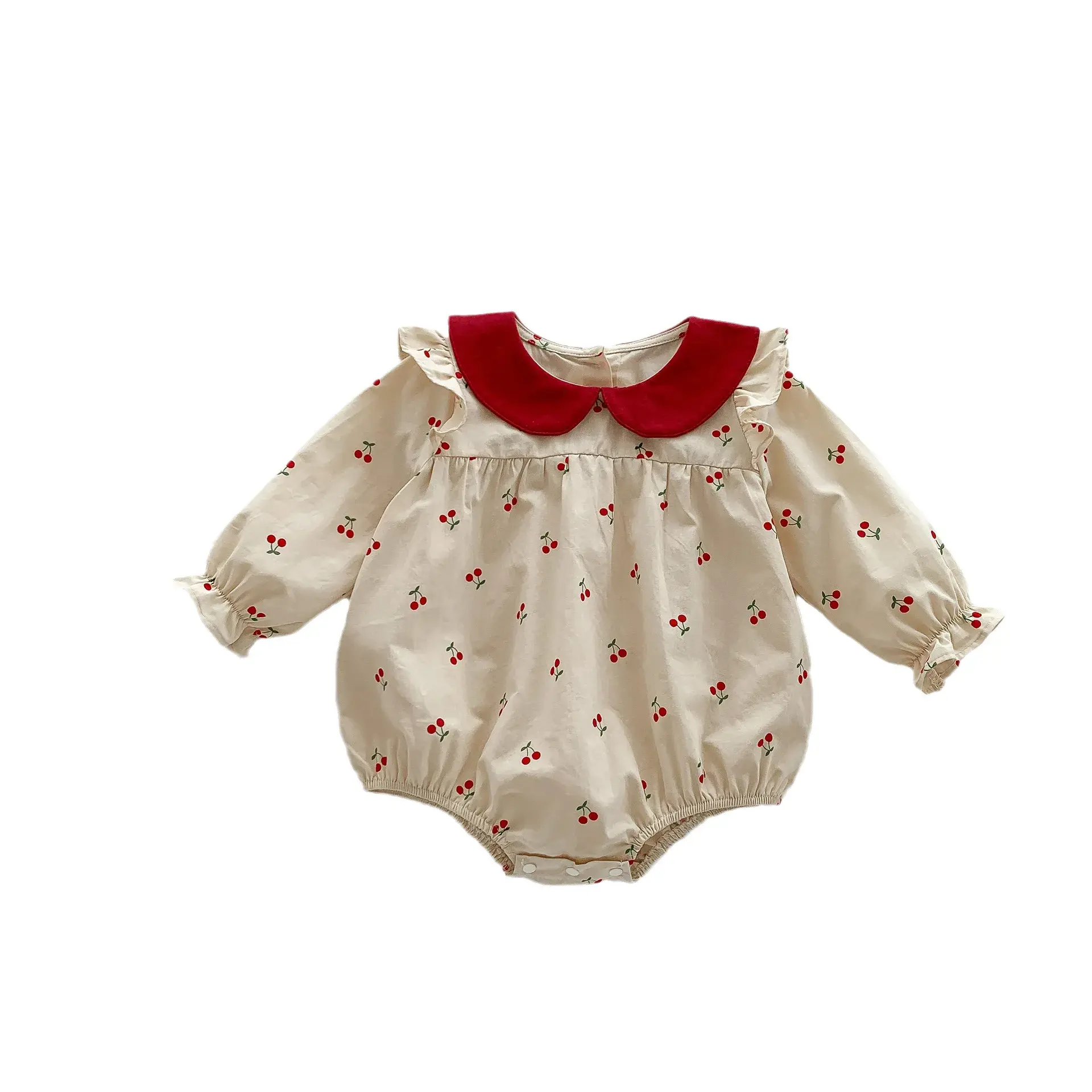 2025 Spring New in Infant Toddler Cute Clothing Kids Baby Full Sleeve Peter Pan Collar Cherry Outfits Newborn Bodysuits 0-24M