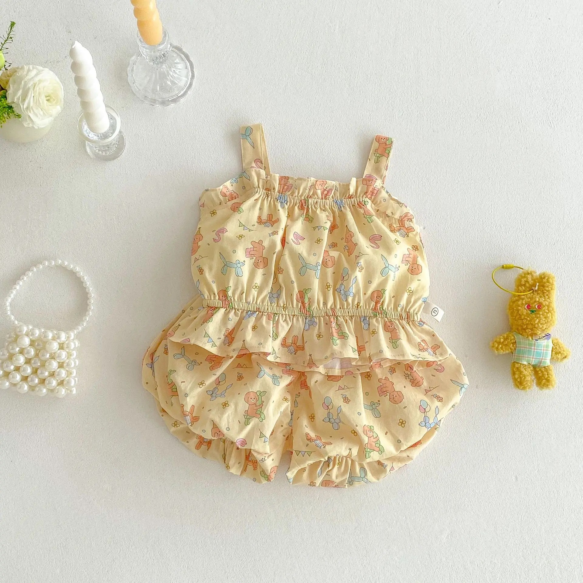Girls' Strap Set 2025 New Summer Baby Full Version Cartoon Korean Version Tank Top Flower Bud Shorts Two Piece Set Trendy