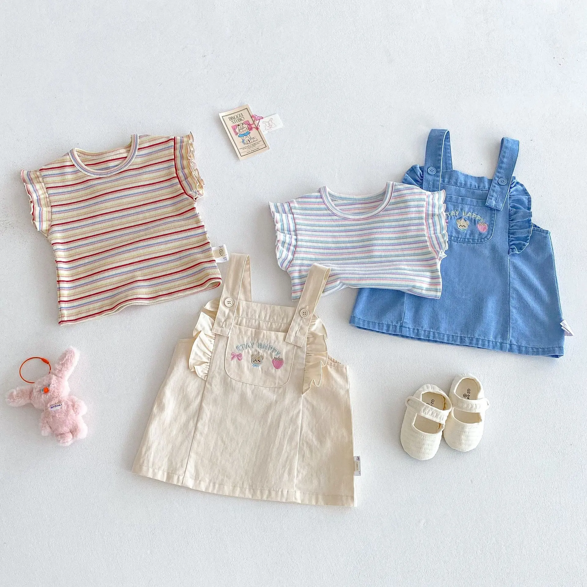 Girls' Striped T-shirt 2025 New Summer Baby Sweet Korean Version Base Shirt Children's Embroidered Teddy Bear Overalls