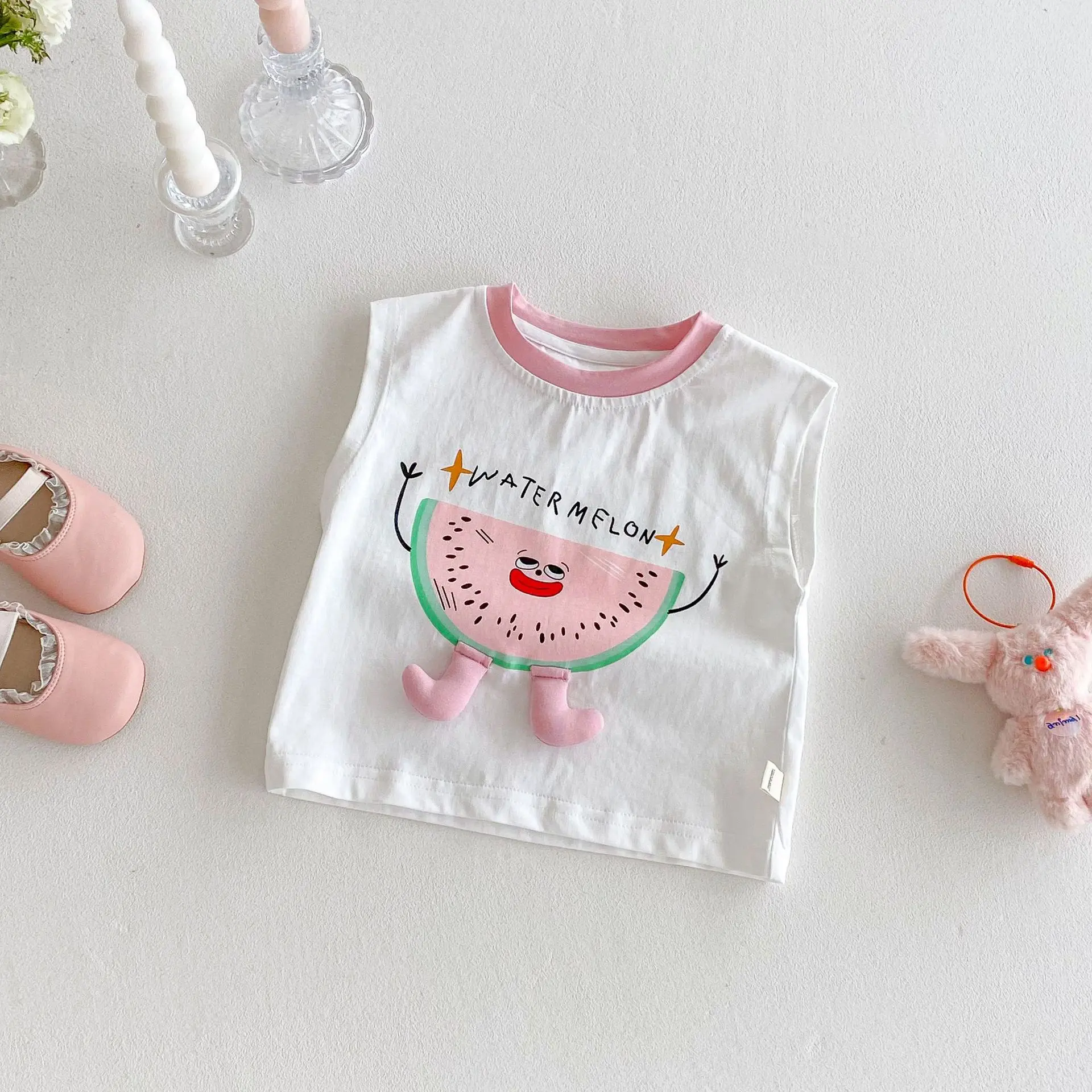 Girl's Watermelon Tank Top 2025 New Summer Baby Style Korean Printed T-shirt Children's Letter Cartoon Top