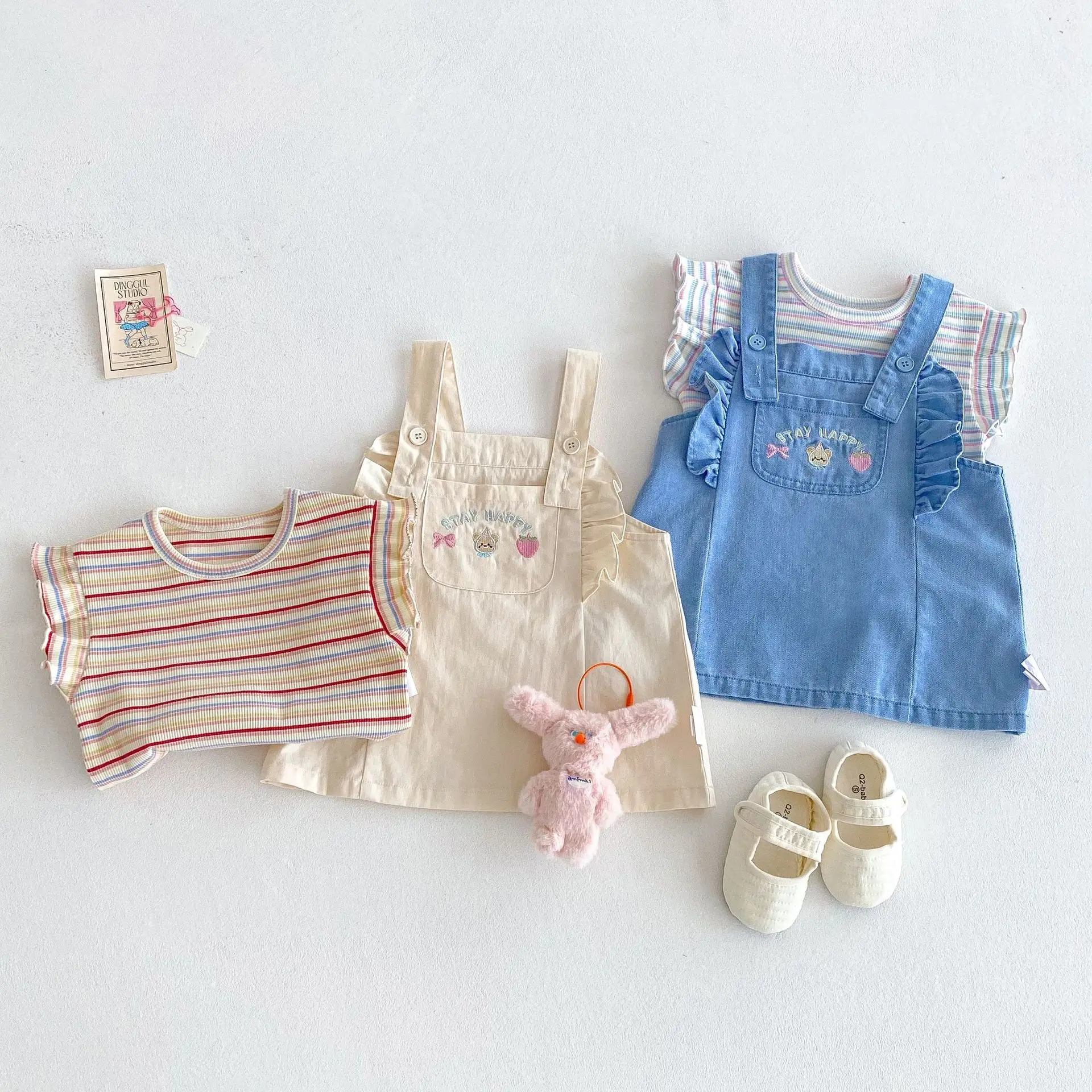 Girls' Striped T-shirt 2025 New Summer Baby Sweet Korean Version Base Shirt Children's Embroidered Teddy Bear Overalls