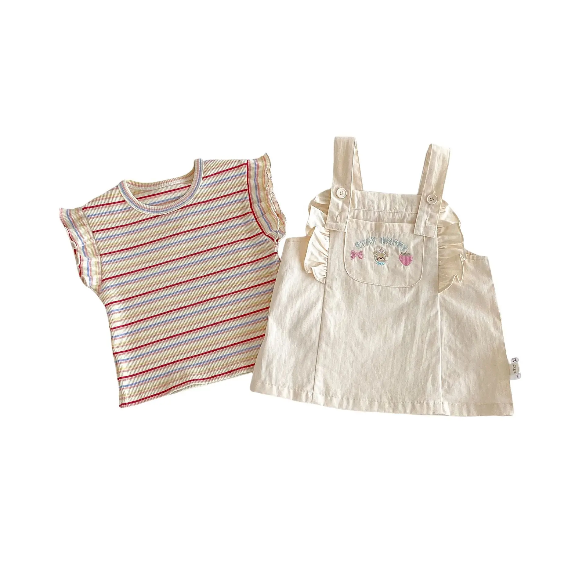 Girls' Striped T-shirt 2025 New Summer Baby Sweet Korean Version Base Shirt Children's Embroidered Teddy Bear Overalls